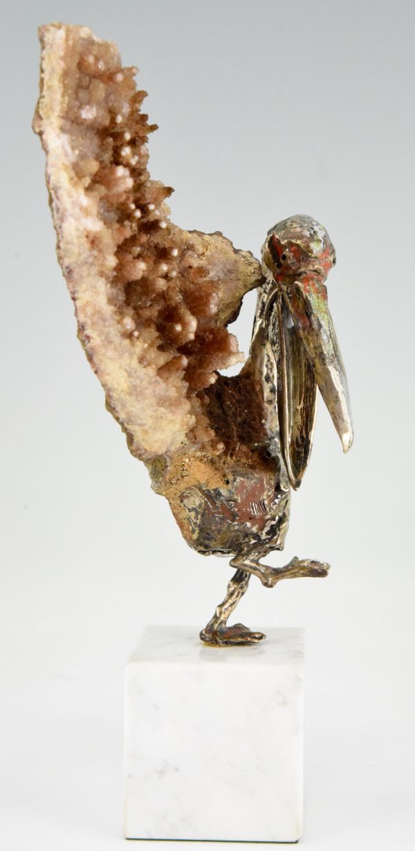 Pelican sculpture, enamelled silver and mineral