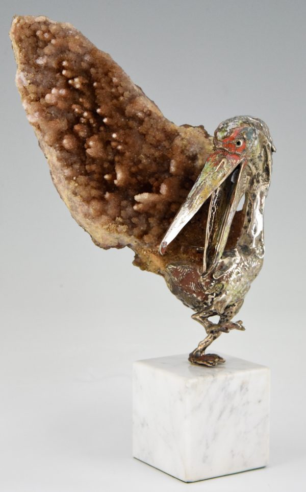 Pelican sculpture, enamelled silver and mineral