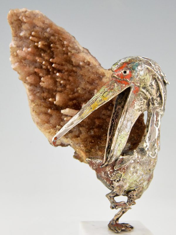 Pelican sculpture, enamelled silver and mineral