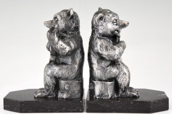 Art Deco bookends bear with guitar