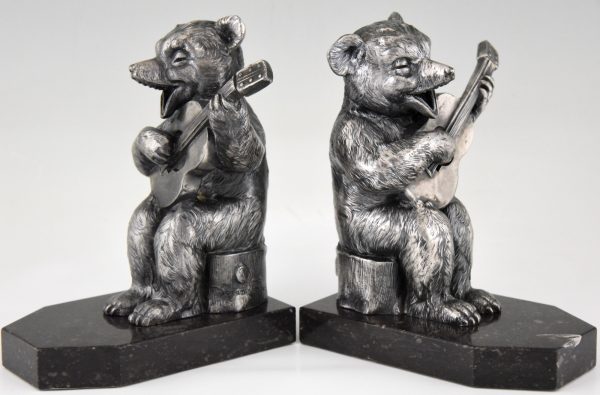 Art Deco bookends bear with guitar