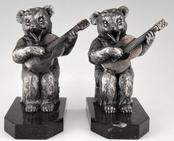 Art Deco bookends bear with guitar