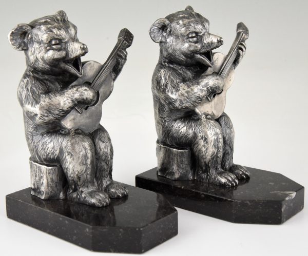 Art Deco bookends bear with guitar