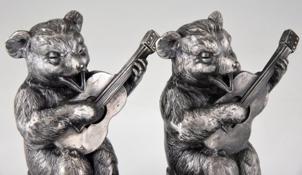 Art Deco bookends bear with guitar