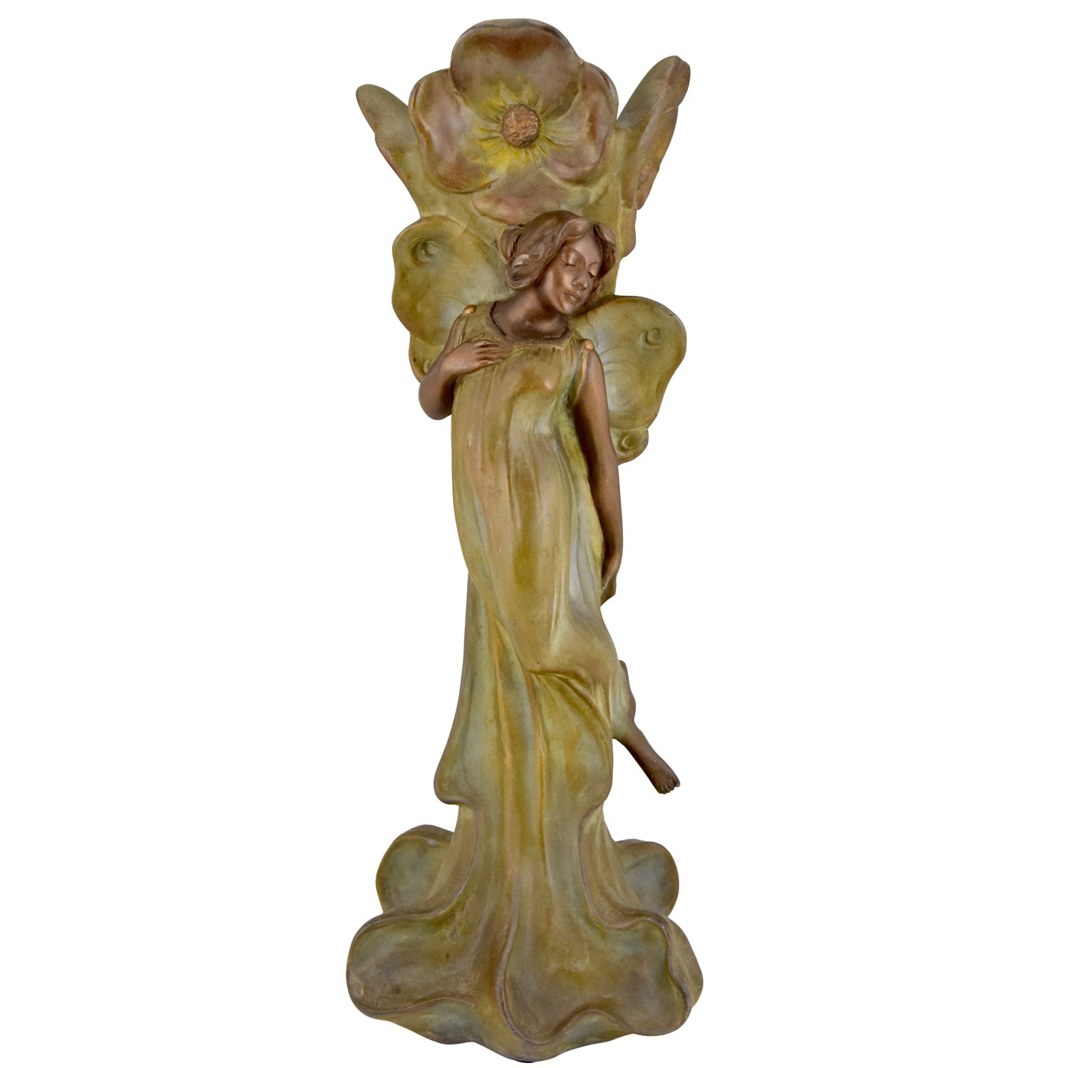 Art Nouveau vase with butterfly lady and flowers