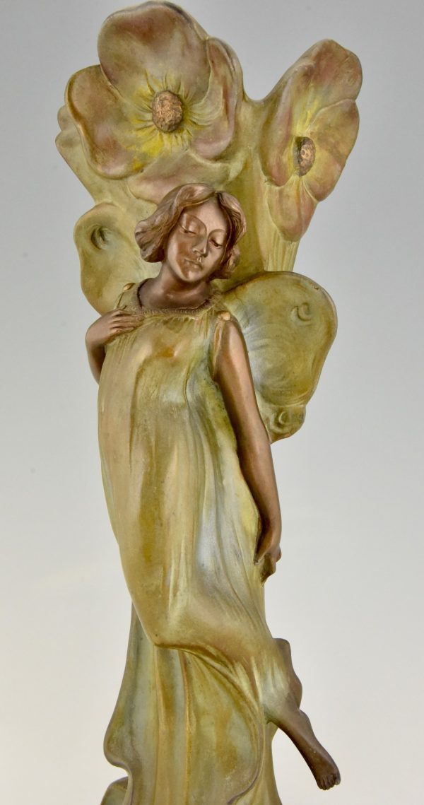 Art Nouveau vase with butterfly lady and flowers