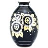 Vase Art Deco en ceramique motif de fleurs noir, or et argent
