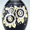 Art Deco ceramic vase with flowers black, silver and gold