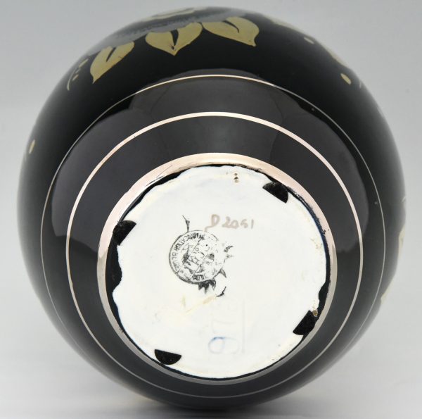 Art Deco ceramic vase with flowers black, silver and gold