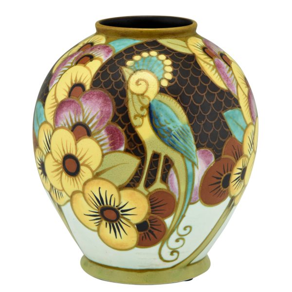 Art Deco ceramic vase with bird and flowers