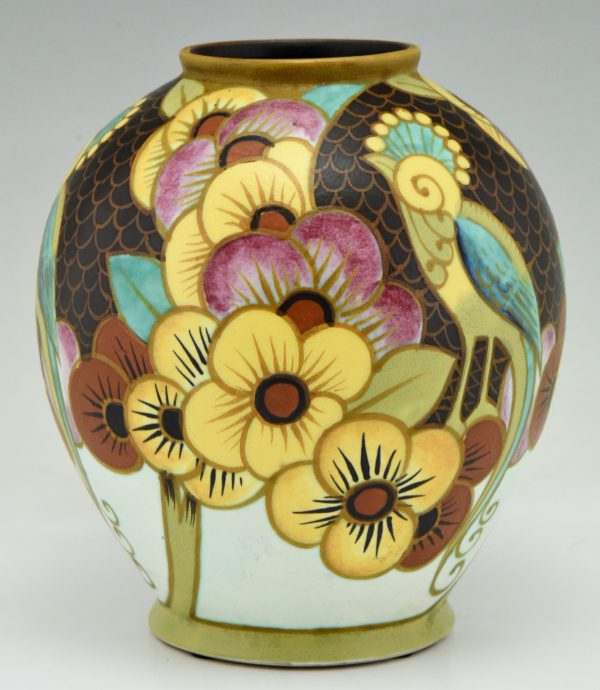 Art Deco ceramic vase with bird and flowers