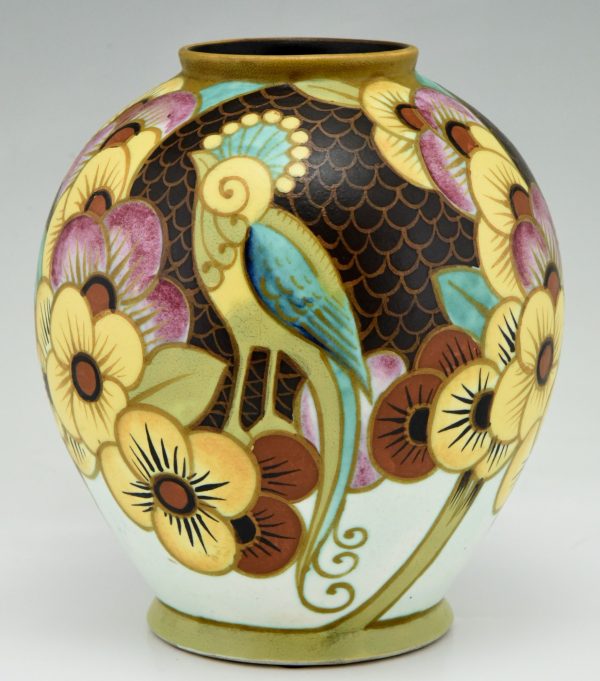 Art Deco ceramic vase with bird and flowers