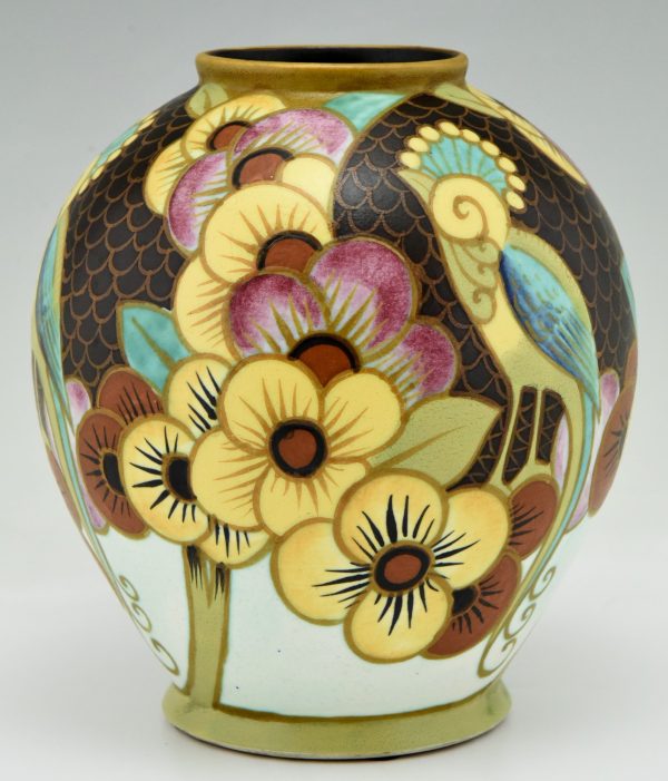 Art Deco vase céramique oiseau et fleurs