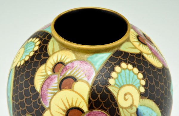 Art Deco Vase Keramik Vogel und Blumen