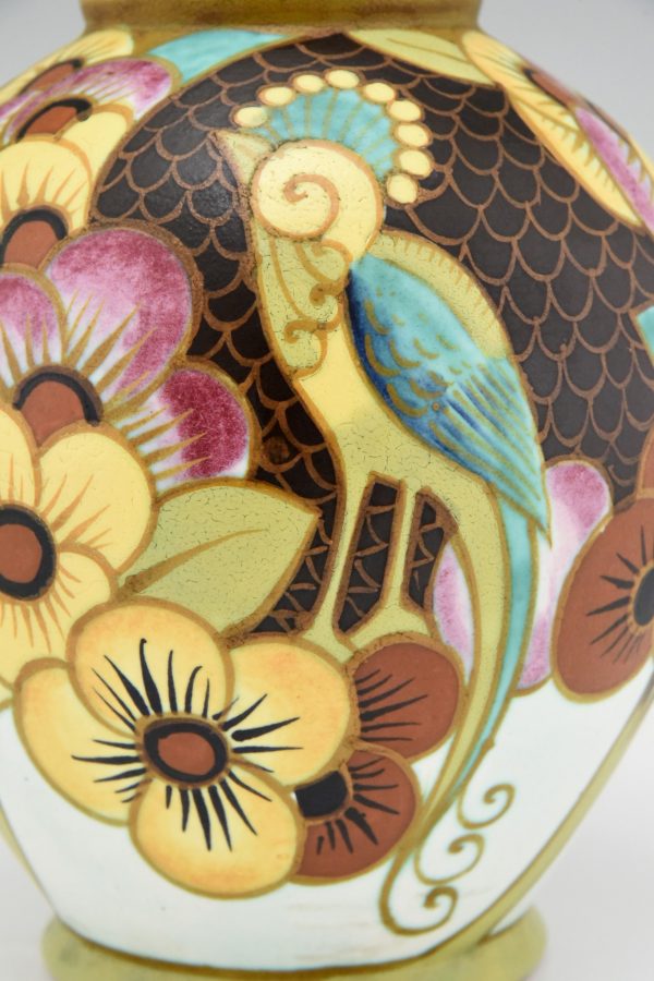 Art Deco ceramic vase with bird and flowers