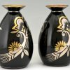 Paar Art Deco Keramik Vasen Schwartz, Gold und Silber