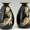 Pair of Art Deco ceramic vases black, silver and gold