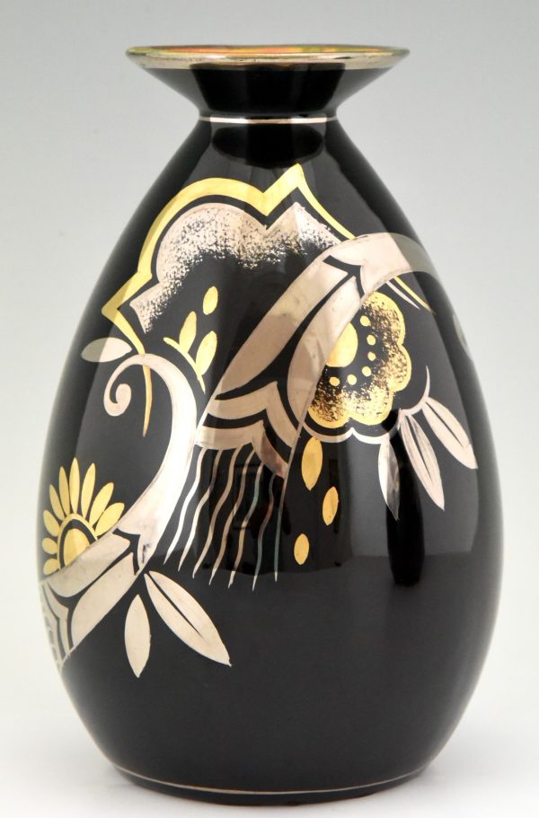 Paire de vases céramique Art Deco noir, or et argent