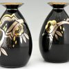 Paar Art Deco vazen in keramiek zwart, goud en zilver
