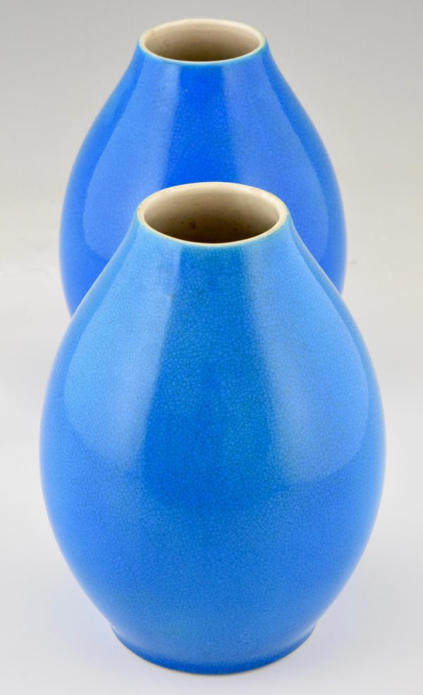 Pair of Art Deco vases blue crackled ceramic