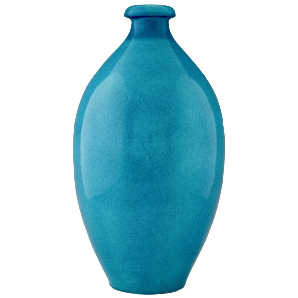Tall Art Deco vase blue craquelé ceramic