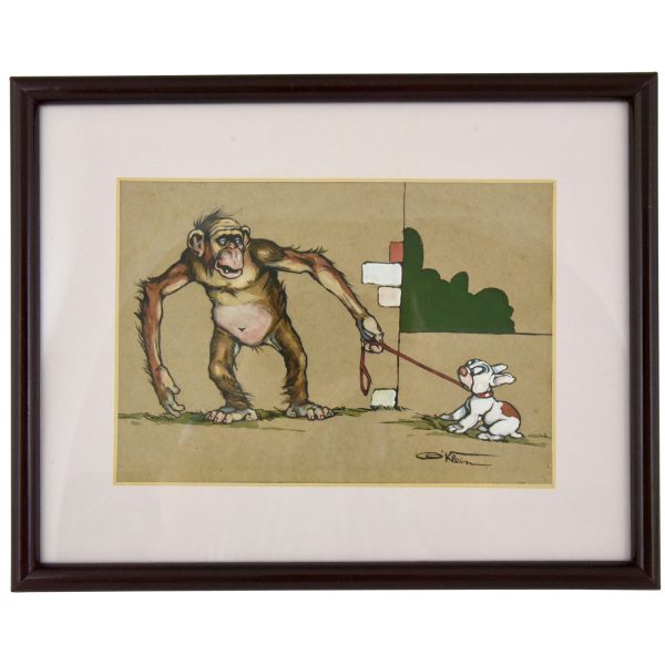 Art Deco watercolor paintings monkey and dog 4 pc