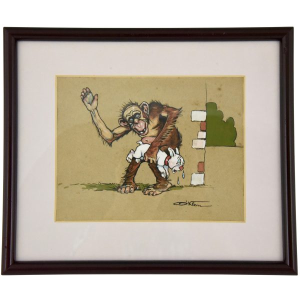 Art Deco watercolor paintings monkey and dog 4 pc