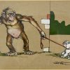 Art Deco watercolor paintings monkey and dog 4 pc