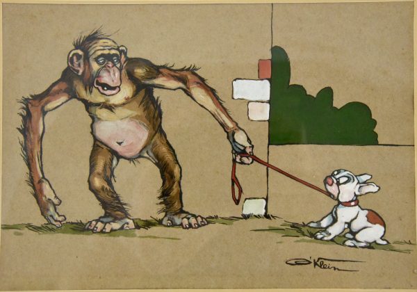 Art Deco watercolor paintings monkey and dog 4 pc