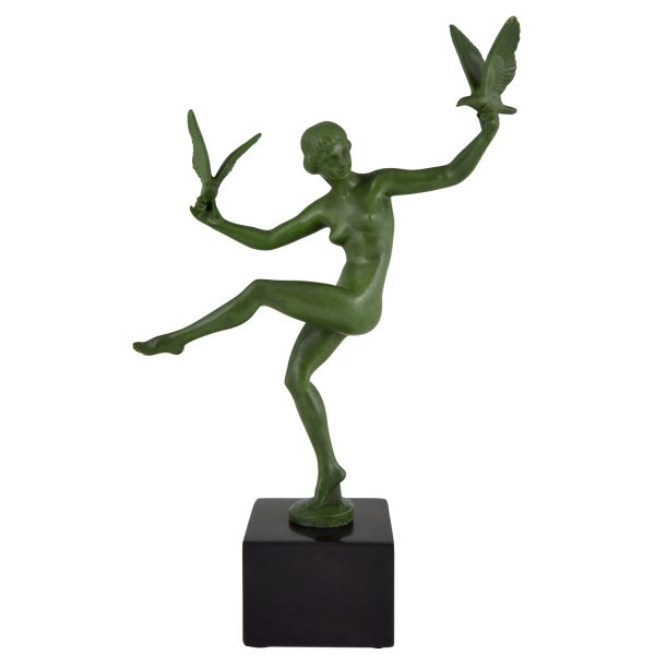 Art Deco sculptuur dansend naakt met vogels