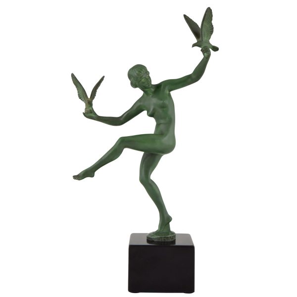 Sculpture Art Deco danseuse nue aux oiseaux