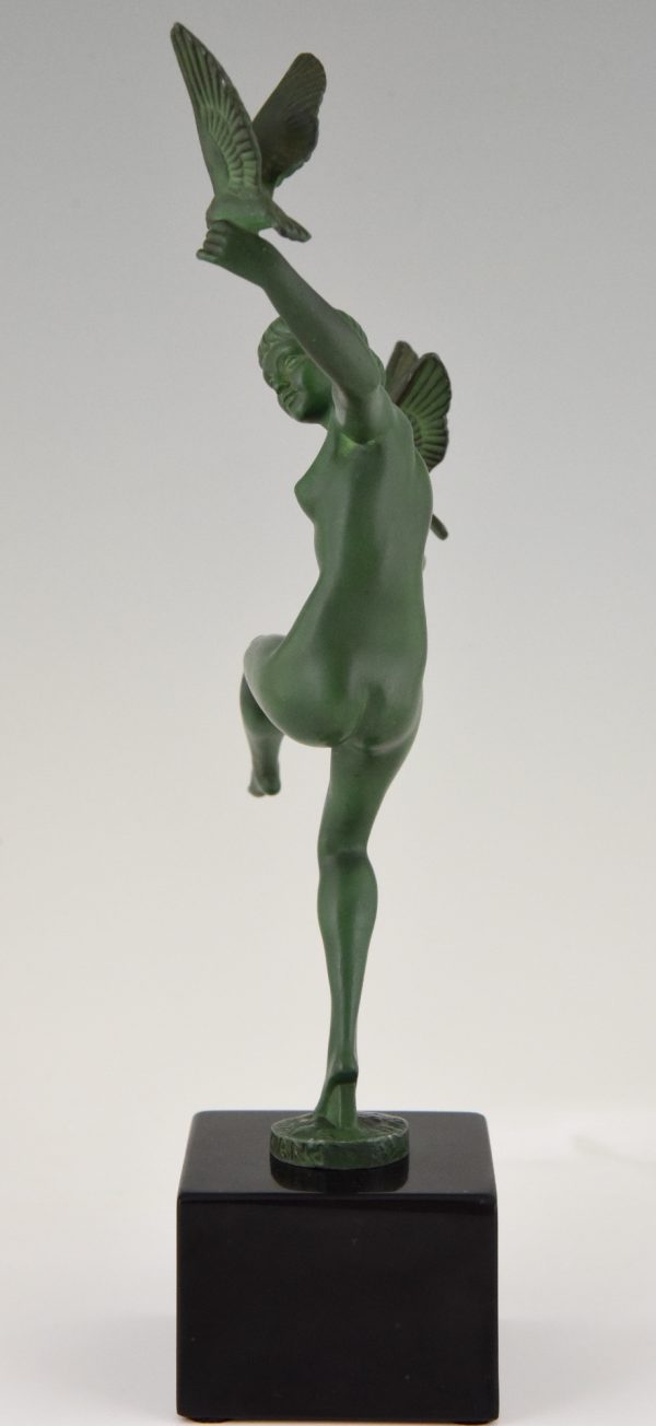 Sculpture Art Deco danseuse nue aux oiseaux