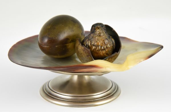 Bronze inkwell tray with bird and egg shell