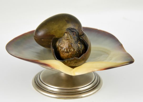 Bronze inkwell tray with bird and egg shell