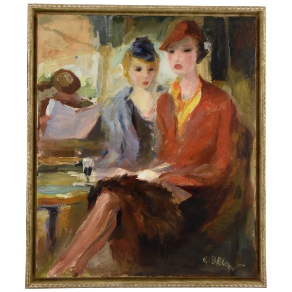 French Art Deco painting of 2 elegant ladies on a terrace