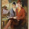 French Art Deco painting of 2 elegant ladies on a terrace