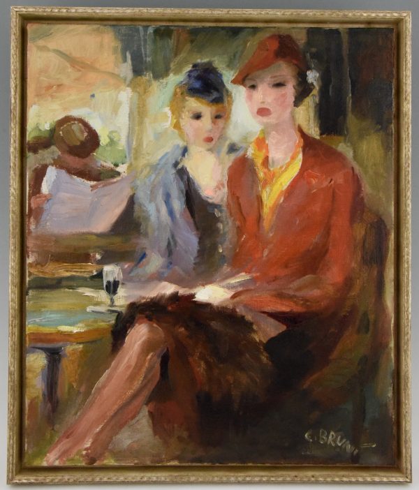 French Art Deco painting of 2 elegant ladies on a terrace