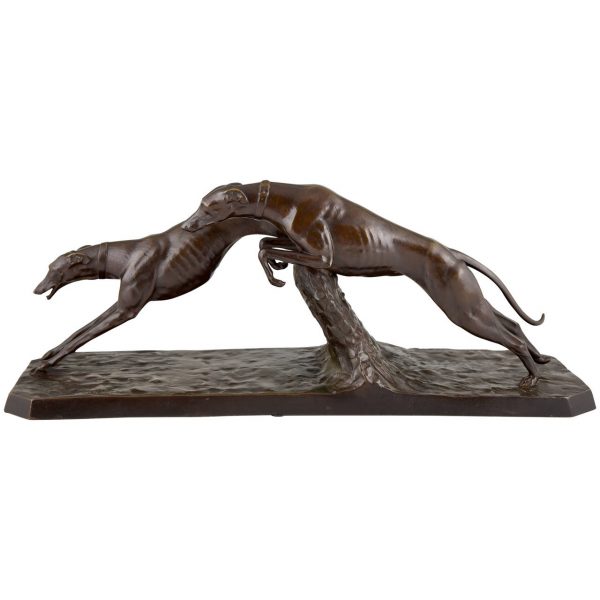 Art Deco Bronze Skulptur Hunde Rennen Windhund