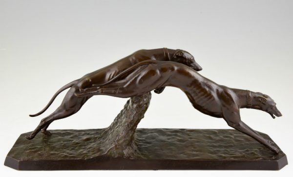 Art Deco sculpture bronze course de chiens lévriers