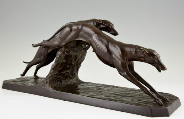 Art Deco sculpture bronze course de chiens lévriers