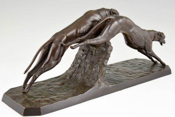 Art Deco sculpture bronze course de chiens lévriers