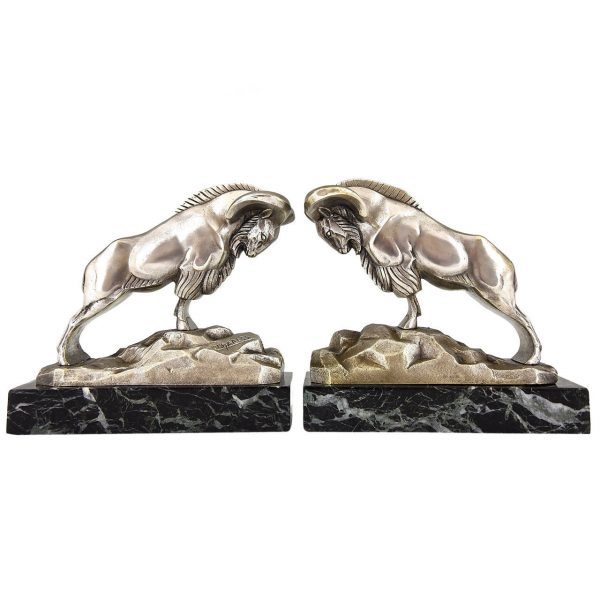 Art Deco silvered bronze Ibex or Ram bookends