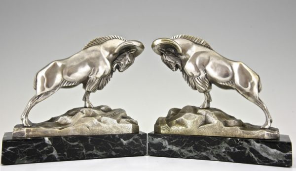 Art Deco silvered bronze Ibex or Ram bookends