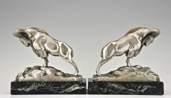 Art Deco silvered bronze Ibex or Ram bookends