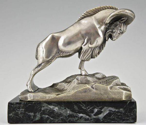 Art Deco silvered bronze Ibex or Ram bookends