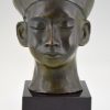 Art Deco bronzen buste Chinese jongen met hoed en vlecht