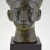 Art Deco bronze bust Chinese boy with hat and braid.