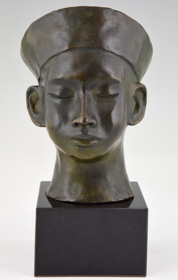 Art Deco bronze bust Chinese boy with hat and braid.