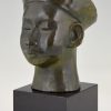 Art Deco bronze bust Chinese boy with hat and braid.