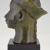 Art Deco bronze bust Chinese boy with hat and braid.